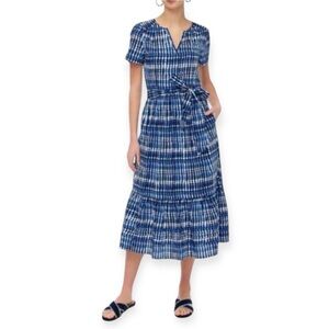 J Crew Cotton tie-waist tiered midi dress Blue and White Plaid size 2